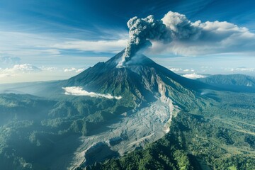 Volcanic eruption viewed from above with smoke billowing into sky - obrazy, fototapety, plakaty