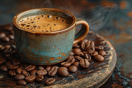 free coffee bean and cup coffee stock photo, in the style of smokey background, wood. generative AI