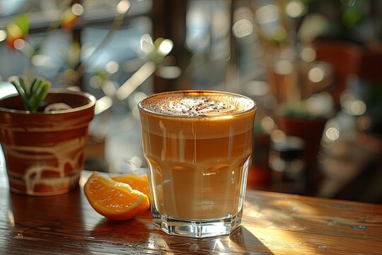 java style latte shot, in the style of lens flares, shaped canvas, soft, romantic scenes, polished surfaces, polished, modern, utilizes. Generative AI