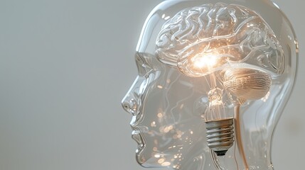 A brain with a light bulb inside. The light bulb glows and the brain is encased in a clear glass or plastic head. Concept of intelligence and creativity. Design for flyer, poster, cover or brochure. - 769068868