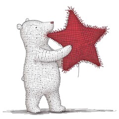 A bear stands on a white background and holds a polar star. Symbolism with animal and geometric figure. Illustration for cover, card, postcard, decor or print. - 769068874