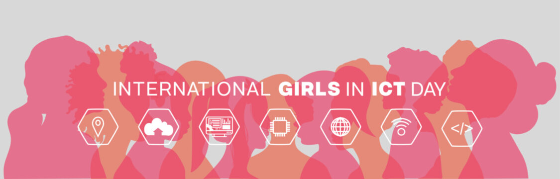 International Girls in ICT Day design. It features a group of girl silhouette with several ICT element. Vector illustration
