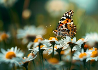 Butterfly Perched on Daisy in a Field of Flowers.

