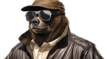 Grizzly with glasses. Close-up portrait of a grizzly. An anthopomorphic creature. A fictional character for advertising and marketing. Humorous character for graphic design. - 769069077