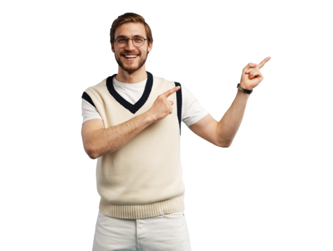 handsome man with beard pointing in one direction on transparent background.