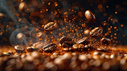 the coffee beans scatter over dark background, in the style of photo-realistic landscapes. Generative AI