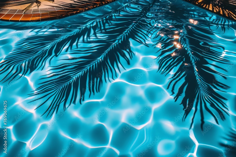 Poster A tall palm tree is beautifully reflected in the calm waters of a pool, creating a serene and tranquil scene