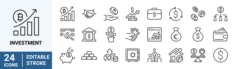 Investment web icons in line style. Return. Capital, sales, dividend, roi, profit, collection. Vector illustration. Editable stroke.