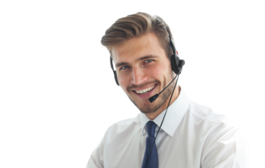 Happy young male customer support executive on transparent 