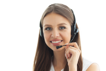 Female customer support operator with headset and smiling on transparent