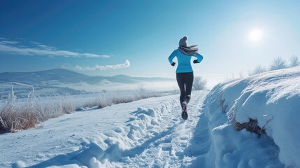 An athlete braves the winter chill, running through a snow-covered trail with a serene, frosty...