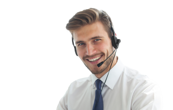 Happy young male customer support executive on transparent 