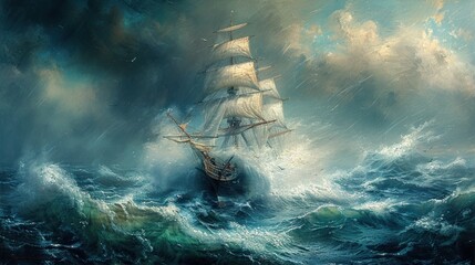 An oil painting depicting a strong storm and shipwreck in the middle of the sea. Sea element