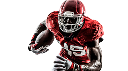 Professional american football player sportsman in action isolated on transparent background or white background.
