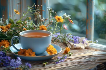 a cup of hot tea on a wooden table with flowers and herbs, in the style of light azure and navy, warm color palette, fluid and organic, vintage-inspired. Generative AI
