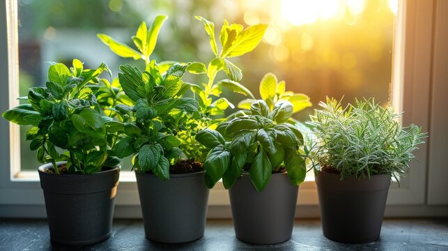 A variety of lush green potted plants swaying gently in the sunlight, perched atop a charming window sill