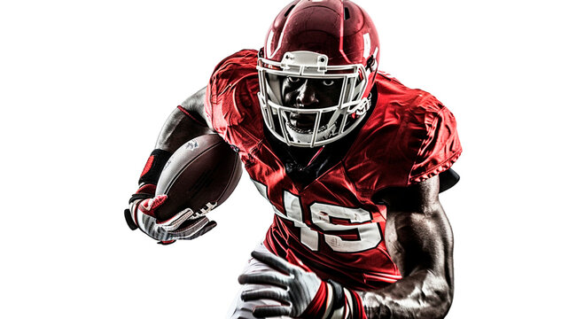 Professional american football player sportsman in action isolated on transparent background or white background.
