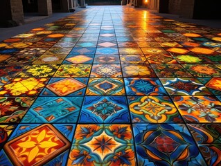 captivating scene of colorful tiles adorning the floor, creating a vibrant and eye-catching mosaic. Each tile boasts a unique hue, ranging from deep blues  - obrazy, fototapety, plakaty