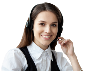 Female customer support operator with headset and smiling on transparent