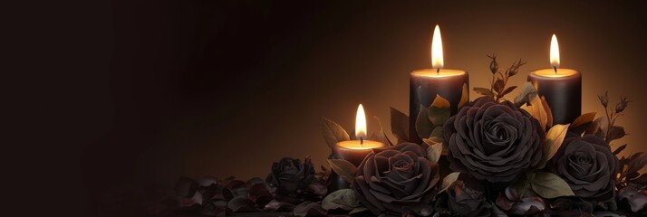 Three candles and black roses, piercing, concept of grief, funeral, background place for text - obrazy, fototapety, plakaty
