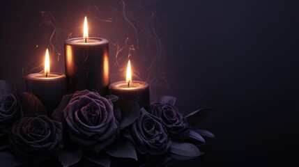 Three candles and black roses, piercing, concept of grief, funeral, background place for text