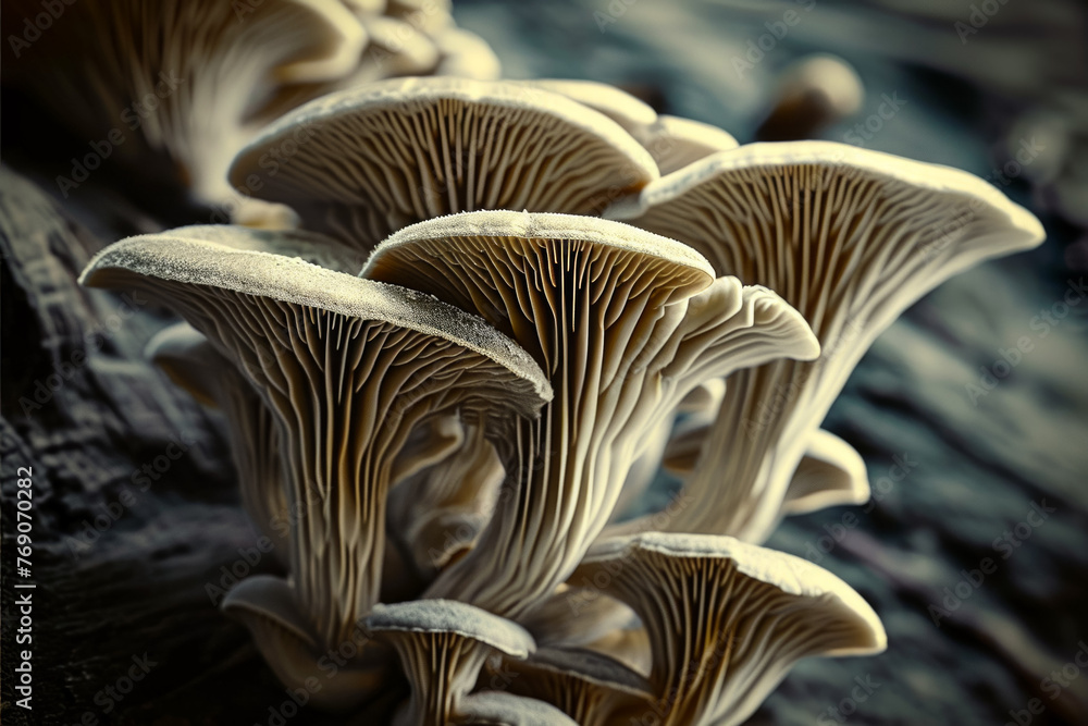 Poster mycelium with mushrooms, bottom view. backdrop with selective focus and copy space