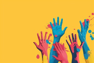 colorful hands illustration, colorful hands representing equality, equality concept with colorful hands, unite concept, Group raised human arms and hands,  Diversity people, Racial equality