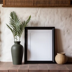 Minimalist interior design with a plant, vase, and blank picture frame