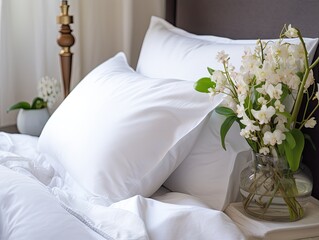 luxurious bedroom adorned with a beautiful, comfortable white pillow placed elegantly on the bed. The pillow boasts a plush and inviting texture, 