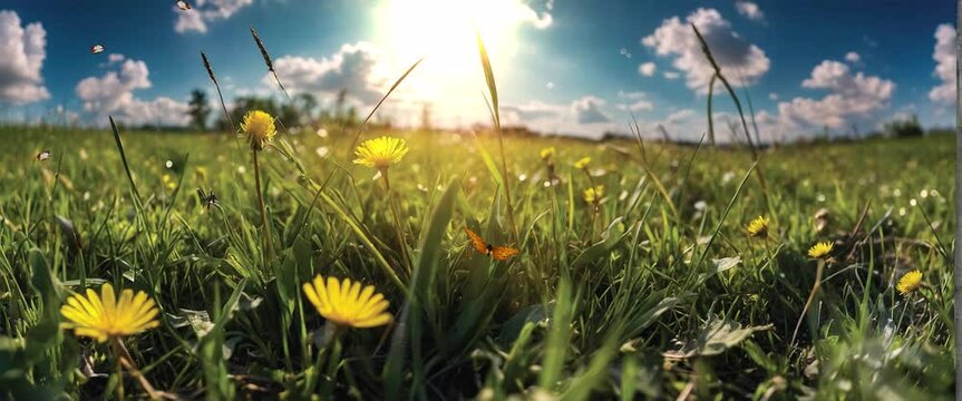 Delight in the tranquil charm of a sun-drenched meadow painted with the cheerful hues of yellow flowers, their vibrant blooms creating a scene of serene beauty in mesmerizing 4K video loop.