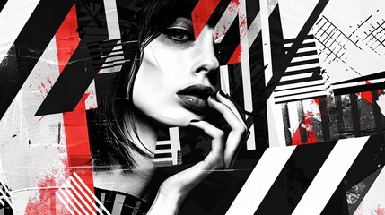 Monochrome face of a young girl in composition with geometric figures of bright colors. Abstract surrealistic collage. Portrait of a beautiful woman. Combination of photorealism with digital art. - 769071230