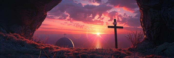 Empty tomb of Jesus Christ, sunrise, cross, realistic