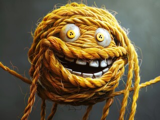 Smiling character in the form of a ball of yarn with button eyes. Abstract emotional face. Illustration for cover, card, postcard, interior design, banner, poster, brochure or presentation. - 769071288