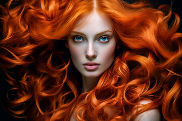 A striking woman with long, fiery red hair contrasts against her pale complexion - obrazy, fototapety, plakaty