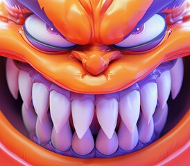 Close-up of the monster with a wicked grin full of sharp teeth. Evil creature. Creepy grimace of a scary character. Illustration for varied design. - 769071487