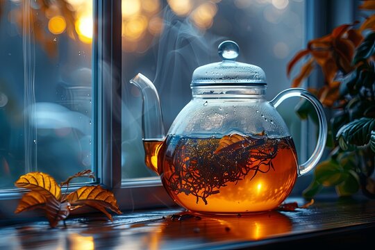 an image of watery tea on a window sill, in the style of smokey background, luxurious, lightbox. Generative AI