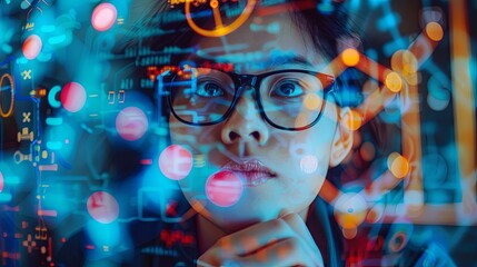 Scientist in glasses ponders a matrix of luminous data and solves some problem. Illustration for banner, poster, cover, brochure or presentation. - 769071689