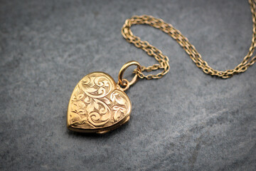 Antique Victorian Era 18Ct Gold Filled, Hand Engraved, Floral Heart 2 Photos Locket Pendant Necklace, 18Ct Yellow Gold Plated 20" Chain