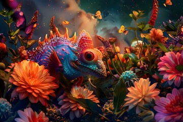Fototapeta na wymiar A surreal image featuring vibrant colors bizarre creatures and a whimsical atmosphere evoking a sense of wonder and joy. Concept Surreal Art, Vibrant Colors, Bizarre Creatures, Whimsical Atmosphere