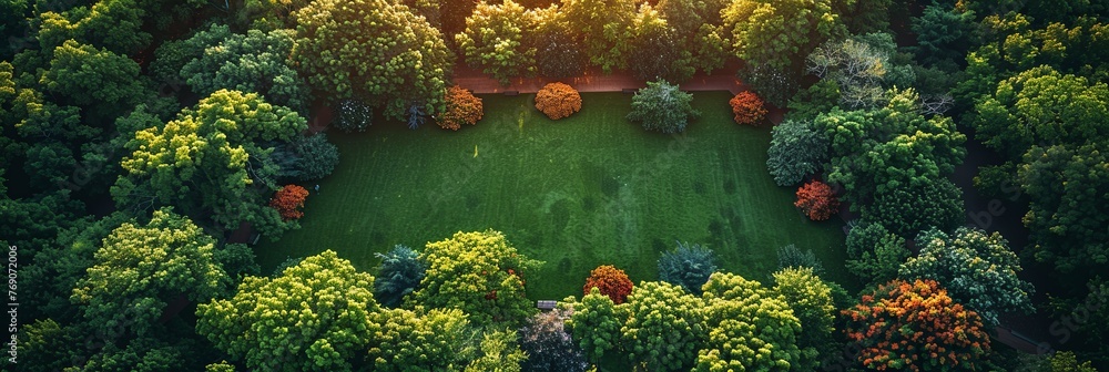Poster a sweeping view of a vibrant green field nestled among a dense forest of trees, creating a tranquil 