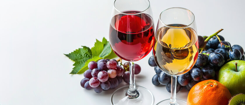 close-up wine in beautiful glasses and fruits on a white background