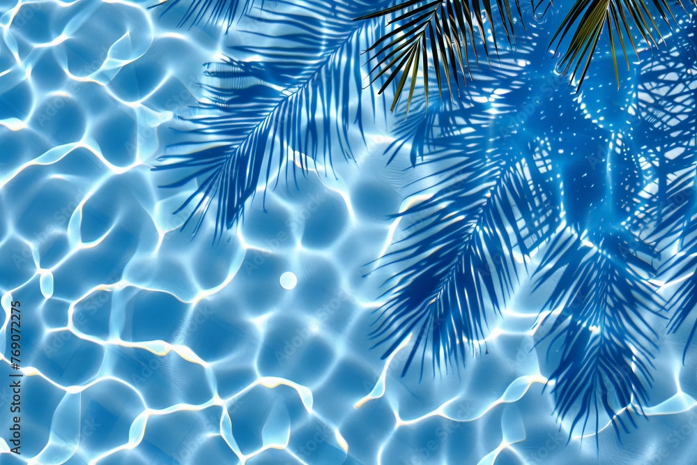 Poster A serene scene where a majestic palm tree stands tall in a tranquil blue pool, creating a peaceful and relaxing atmosphere