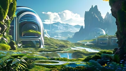 On a distant planet, AI terraformers reshape the alien landscape using bio-engineered plants and robotic caretakers, creating a breathable atmosphere and a new cradle for human life. - obrazy, fototapety, plakaty