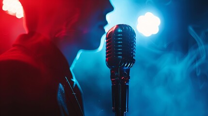 Male soloist with microphone in hand on stage in soft spotlight. Man singing karaoke. Illustration for cover, card, postcard, interior design, poster, brochure, advertising, marketing or presentation. - 769072228
