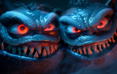 Two monsters with toothy mouths. A pair of aggressive demons. Cartoon characters. Illustration for cover, card, postcard, interior design, banner, poster, brochure or presentation. - 769072243