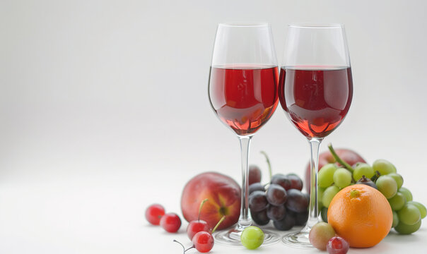 close-up wine in beautiful glasses and fruits on a white background