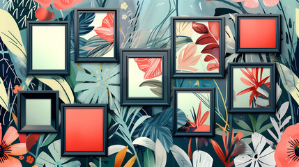 Gallery wall amid a tropical floral backdrop