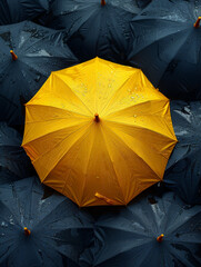 yellow umbrella in the middle of black umbrellas