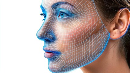 A woman's face with a grid of grids applied on top of it. Concept of cosmetic procedures. Digital facial identification system. Biometric verification. Polygonal mesh facial recognition technology. - 769072661