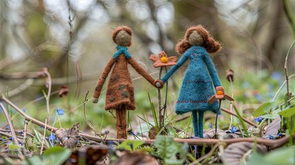 Girl friend dolls stand in a clearing in the forest. Toys made of wool on the technology of felting. Handmaid. Illustration for cover, card, postcard, interior design, decor or print. - 769072676